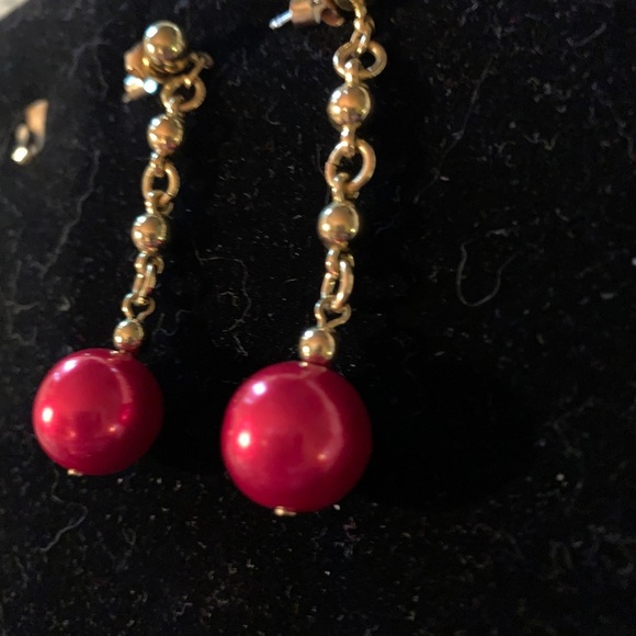 Red Ball Dangling Golden Pierced Earrings - Picture 2 of 4